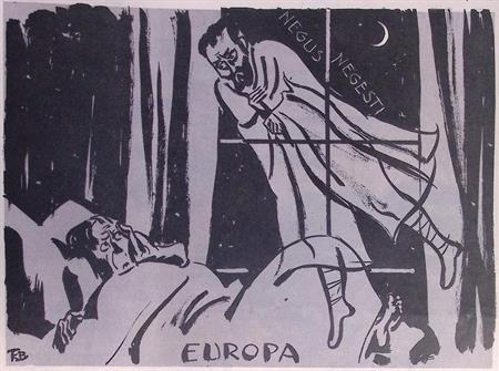 Spotprent met Haile Selassie als spook voor Europa (Lithos), Antiek en Kunst, Kunst | Litho's en Zeefdrukken, Verzenden