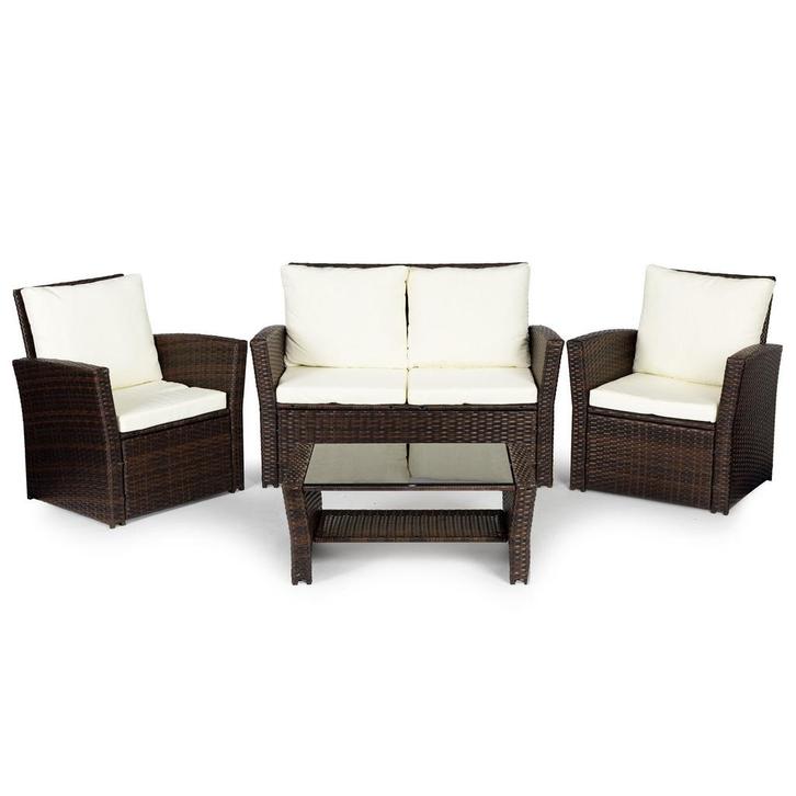 Polyrattan Loungeset Bruin/Wit 4 Pers. | OP = OP 46% Kort..., Tuin en Terras, Tuinsets en Loungesets, Nieuw, Rotan, Loungeset