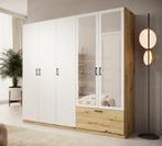 Meubella | Kledingkast 225cm wit eiken met spiegel 1 lade, Nieuw, 200 cm of meer, Modern, 50 tot 75 cm