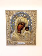 Icoon - Moeder Gods - Hout, Verzilverd, Emaille -, Antiek en Kunst