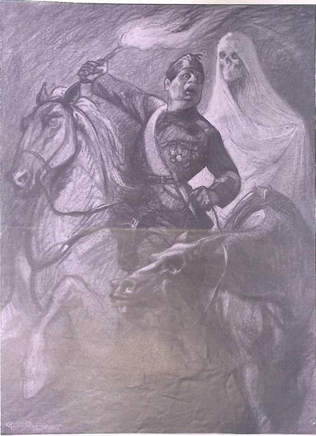 Spotprent met de Dood te paard die man achtervolgt (Lithos), Antiek en Kunst, Kunst | Litho's en Zeefdrukken, Verzenden