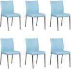 Set van 6 Lichtblauwe leren moderne eetkamerstoelen - poot v, Huis en Inrichting, Stoelen, Nieuw, Vijf, Zes of meer stoelen, Modern