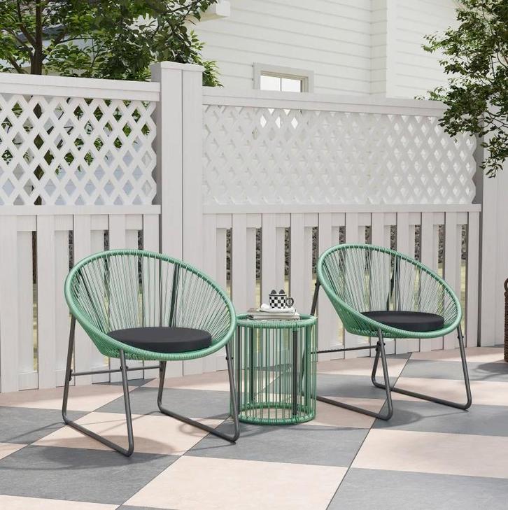 Nieuw 2-persoons balkonset rotan groen – tafel met 2 stoelen, Tuin en Terras, Tuinsets en Loungesets, Bijzettafel, Stoel, 2 zitplaatsen