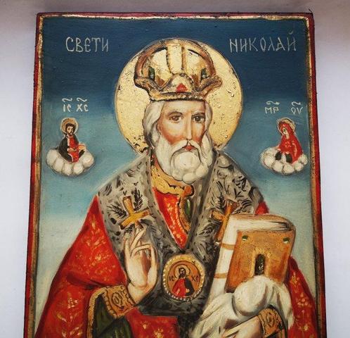 Icoon - Sint Nicolaas de Wonderdoener, Handgeschilderd Icoon, Antiek en Kunst, Antiek | Boeken en Bijbels
