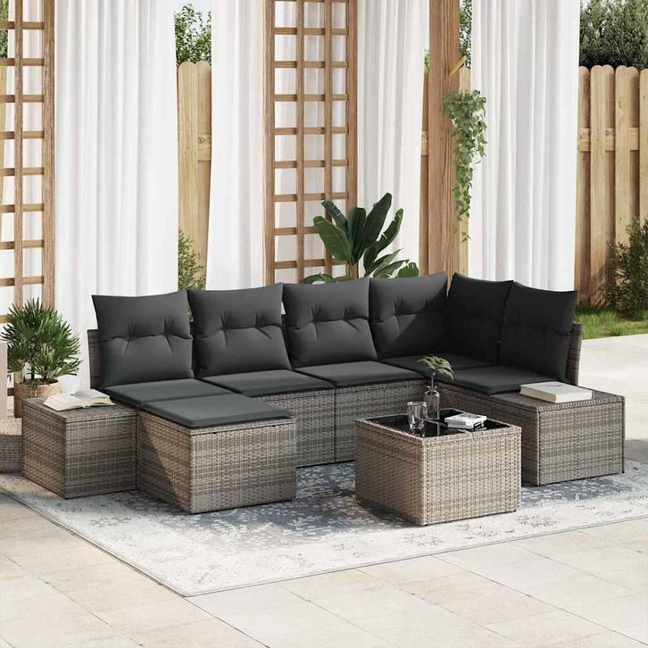 vidaXL Tuin Sofa Set met kussen met opslag 6 pcs Grijs poly, Tuin en Terras, Tuinsets en Loungesets, Nieuw, Rotan, Verzenden