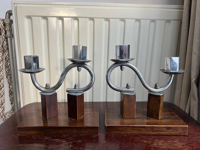 Kandelaar (2) - hout en metaal chroom, Antiek en Kunst, Kunst | Designobjecten