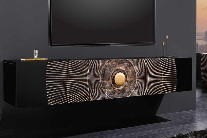 Hangende TV lowboard GOLDEN SUNSET 160cm mangohout zwart met, Huis en Inrichting, Kasten | Televisiemeubels, Ophalen of Verzenden