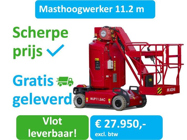 Verticale masthoogwerker, 11.2M werkhoogte, 345° rotatie bak, Zakelijke goederen, Machines en Bouw | Liften, Steigers en Ladders