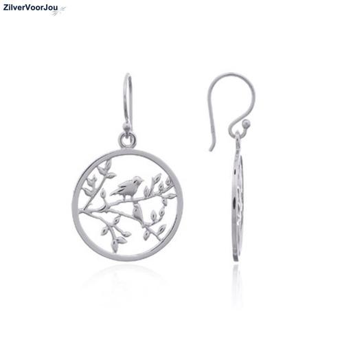 Zilveren nachtegaal in boom cirkel oorbellen, Sieraden, Tassen en Uiterlijk, Oorbellen, Nieuw, Verzenden