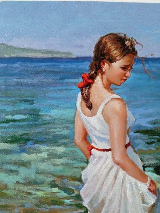 Francesco Alfano - Ragazza al mare, Antiek en Kunst, Kunst | Schilderijen | Modern