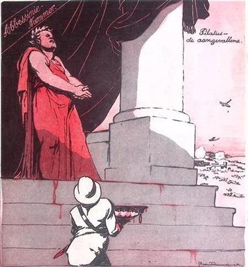 Spotprent met Benito Mussolini die zijn handen wil wassen... beschikbaar voor biedingen