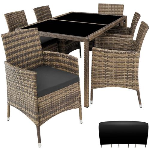 Wicker zitgroep 6 + 1 met beschermhoes - natuur/donkergrijs, Tuin en Terras, Tuinsets en Loungesets, Verzenden