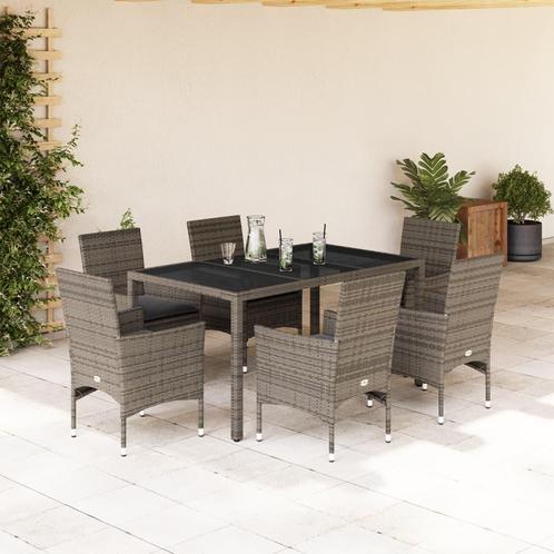 vidaXL 7-delige Tuinset met kussens poly rattan en glas, Tuin en Terras, Tuinsets en Loungesets, Tuinset, Nieuw, 6 zitplaatsen