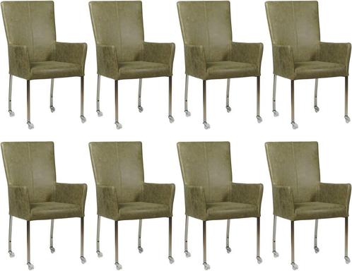 Set van 8 Olijfgroene leren moderne eetkamerstoelen - met ar, Huis en Inrichting, Stoelen, Vijf, Zes of meer stoelen, Overige kleuren