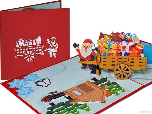 Kerstkaart Kerstman met cadeautjes en bosdieren in handka..., Diversen, Wenskaarten, Verzenden