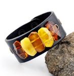 Moderne Baltische barnsteenarmband – Zwarte leren manchette