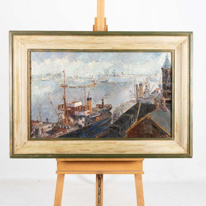 J.C.M. Scheffer (XX) - Stadsgezicht haven, Antiek en Kunst, Kunst | Schilderijen | Klassiek