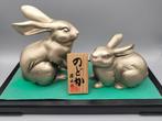 Beeldje - 2x animal Rabbits - Metaal