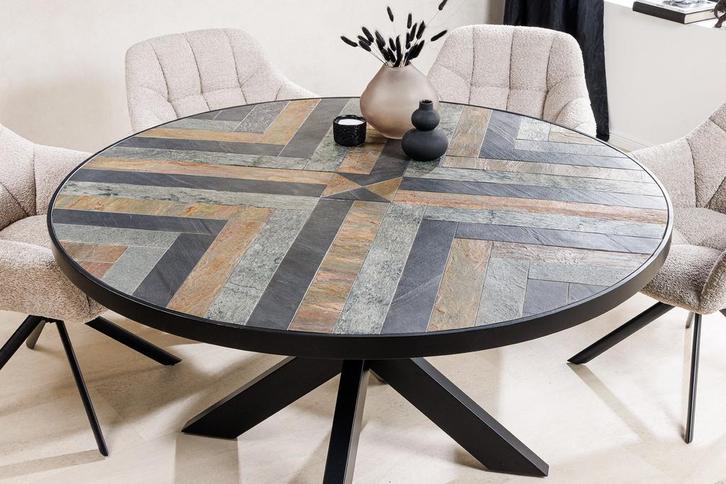 Ronde eettafel MOUNTAIN SOUL 120cm zwart grijs natuursteen, Huis en Inrichting, Tafels | Eettafels, Ophalen of Verzenden