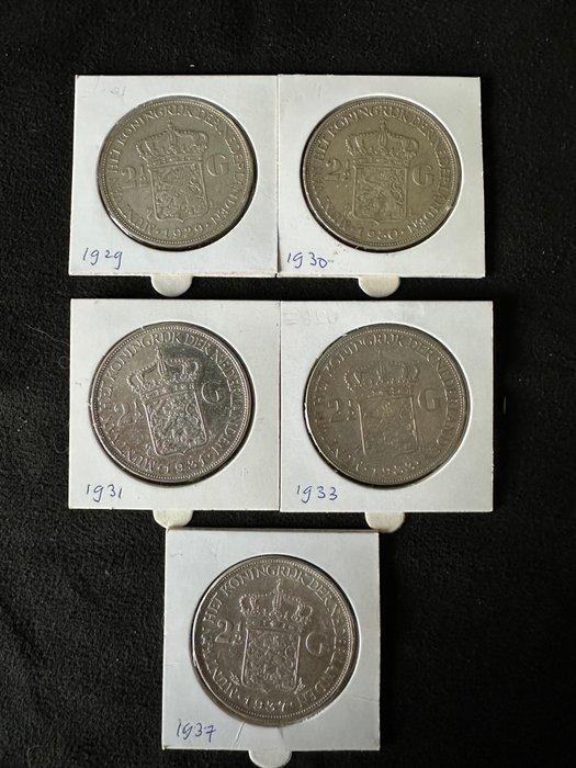Nederland. Wilhelmina. 2 1/2 Gulden 1929/1937 (5 stuks,, Postzegels en Munten, Munten | Nederland