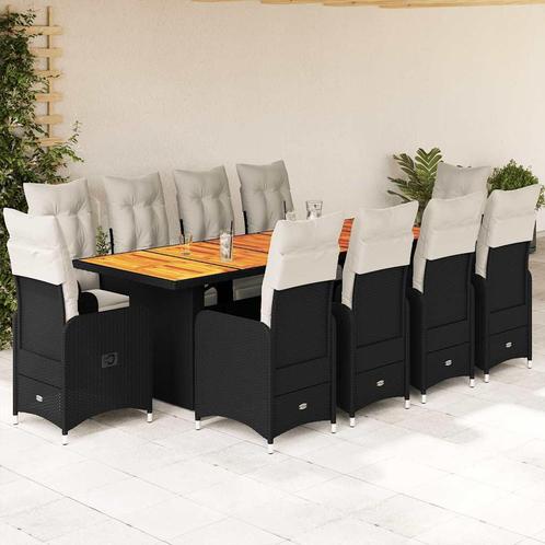 vidaXL 11-delige Bistroset met kussens poly rattan zwart, Tuin en Terras, Tuinsets en Loungesets, Nieuw, Meer dan 8 zitplaatsen