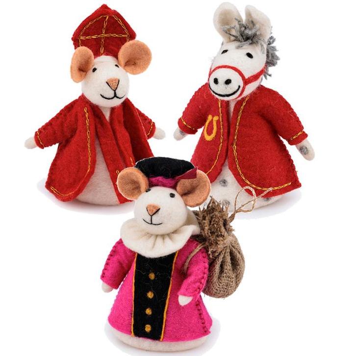 Vilten Sintermuis, Paard en  Piet Fuchsia met Jute Zak  -  1, Kinderen en Baby's, Kinderkamer | Inrichting en Decoratie, Nieuw