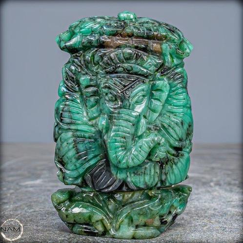 Natuurlijk Colombiaans groenglinzend smaragd Ganesha, Verzamelen, Mineralen en Fossielen