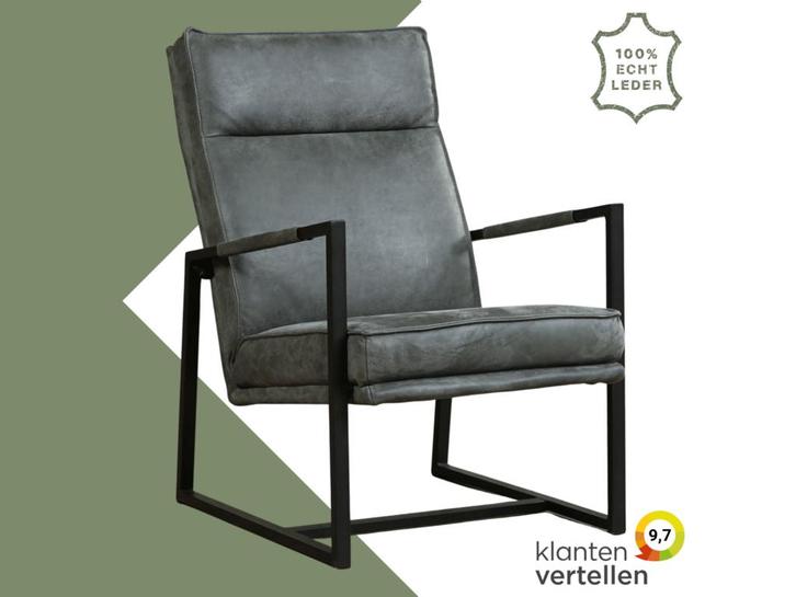 Leren fauteuil Square - Kenia Antracite (grijs), Huis en Inrichting, Fauteuils, 50 tot 75 cm, 75 tot 100 cm, Nieuw, Leer, Ophalen of Verzenden