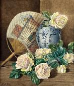 Mary A. Powis (XlX-XX) - Still life of roses, Japanese fan