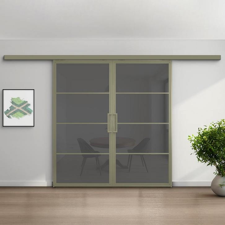 Dubbele stalen schuifdeur met koofsysteem 4 Vlaks Olijfgroen, Doe-het-zelf en Verbouw, Kozijnen en Schuifpuien, Nieuw, 75 tot 150 cm