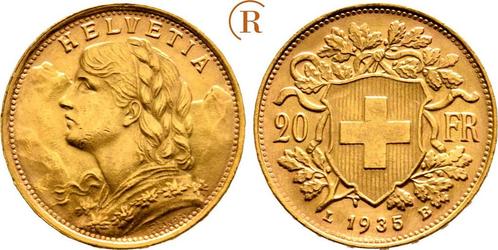 20 Franken goud Vrenli 1935 L-b Schweiz:, Postzegels en Munten, Munten en Bankbiljetten | Toebehoren, Verzenden