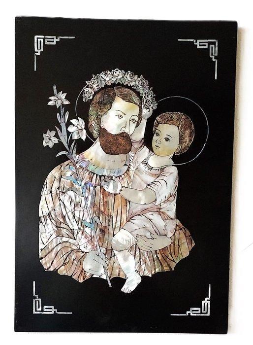 Religieus paneel met parelmoer inlegwerk – Sint-Jozef met, Antiek en Kunst, Antiek | Boeken en Bijbels
