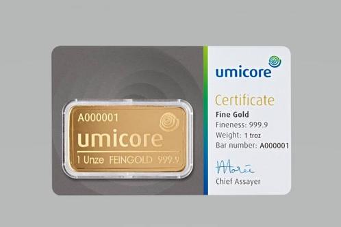 1 oz goudbaar Umicore met certificaat LBMA gecertificeerd, Postzegels en Munten, Edelmetalen en Baren, Goud, Verzenden