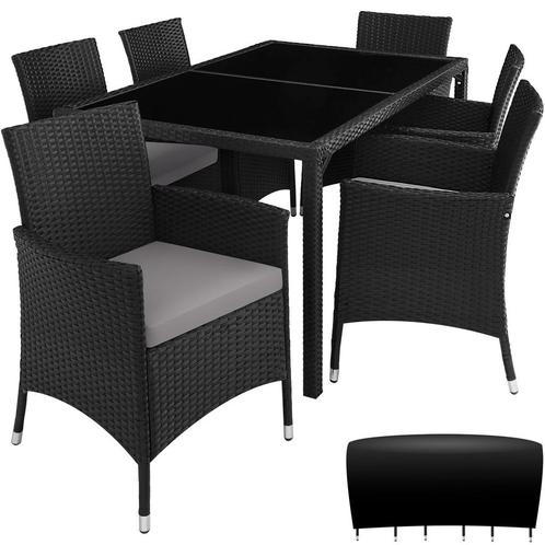 Wicker zitgroep 6 + 1 met beschermhoes - zwart / grijs, Tuin en Terras, Tuinsets en Loungesets, Verzenden