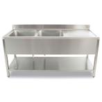 HCB Spoeltafel - dubbele spoelbakken links - 180 cm - RVS, Verzenden, Nieuw in verpakking, RVS Meubilair