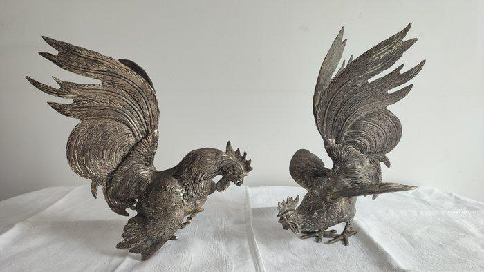 Combat de Coqs en métal argenté - RARE - Beeld, Combat de, Antiek en Kunst, Curiosa en Brocante