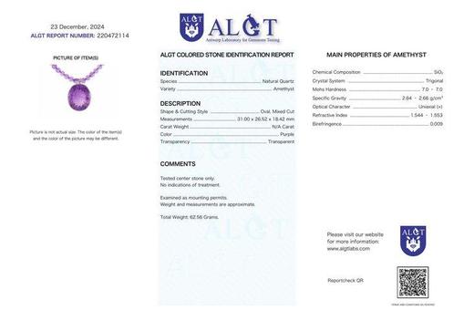 ALGT-gecertificeerd - Natuurlijke amethistketting met grote, Verzamelen, Mineralen en Fossielen