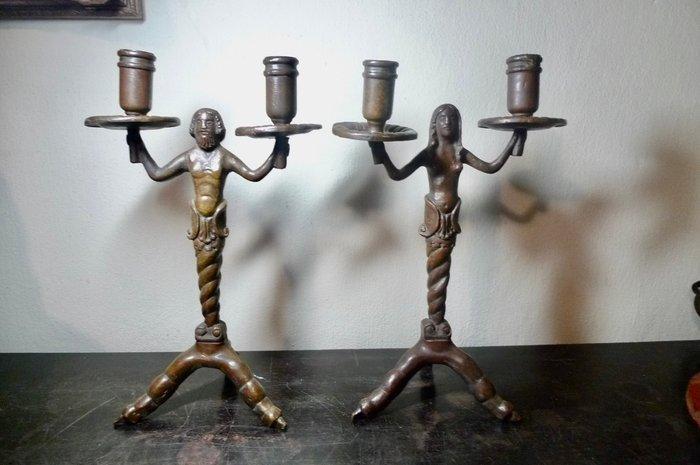 Kandelaar (2) - Brons - Klauwkandelaars man vrouw, Antiek en Kunst, Antiek | Overige Antiek
