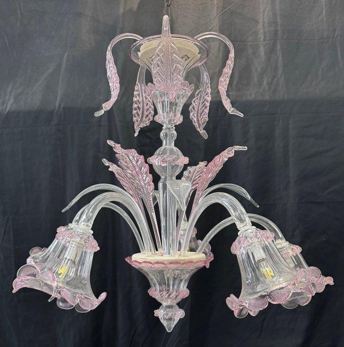 Kroonluchter - Roze doorzichtig - Muranoglas - 5 luci, Antiek en Kunst, Antiek | Lampen