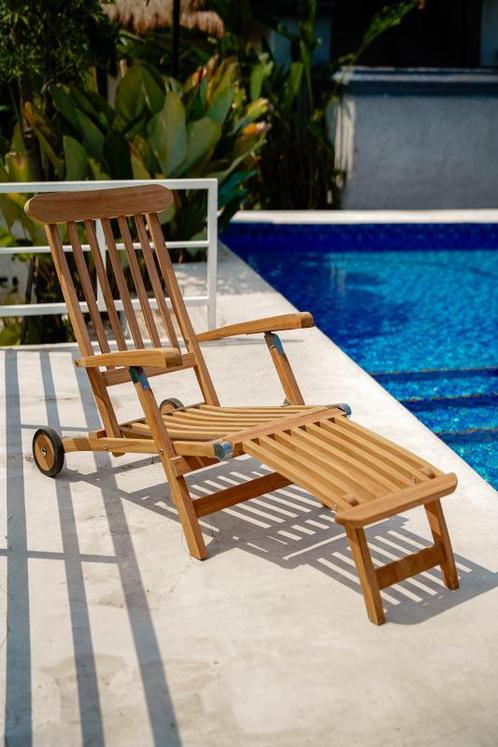 Teakhouten Deckchair met Wielen | RVS Beslag | Vijf Standen, Tuin en Terras, Tuinstoelen, Nieuw, Verzenden