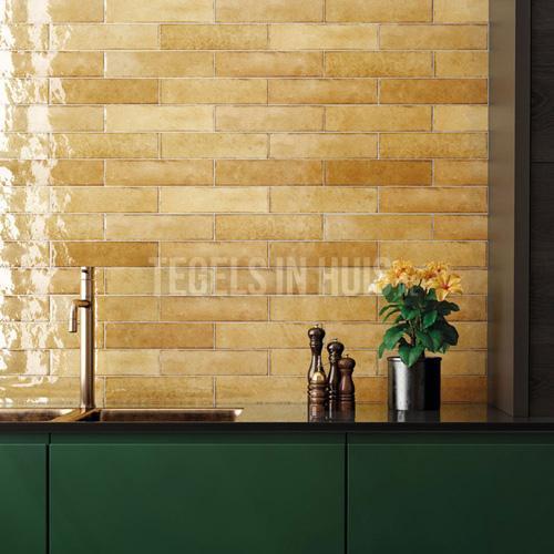 Wandtegel tribe 6x24,6 cm handvorm glans warm geel verouderd, Doe-het-zelf en Verbouw, Tegels, Wandtegels, Nieuw, 10 m² of meer