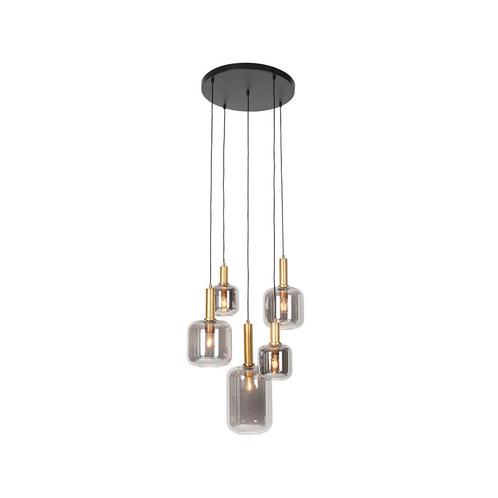 Hanglamp zwart met goud met smoke glas 5-lichts - Zuzanna, Huis en Inrichting, Lampen | Hanglampen