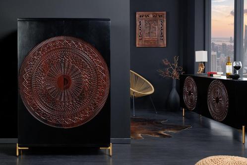 Massieve XXL barkast MANDALA 95cm mangohout zwart goud, Huis en Inrichting, Kasten | Overige, Ophalen of Verzenden