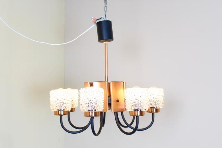 Vintage hanglamp jaren 70 - 8-armig, Huis en Inrichting, Lampen | Hanglampen, Gebruikt, Glas, Metaal, 50 tot 75 cm