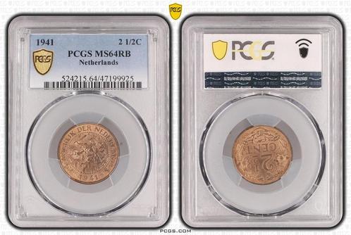 Koningin Wilhelmina 2 1/2 cent 1941 MS64 RB PCGS, Postzegels en Munten, Munten | Nederland, Losse munt, Koningin Wilhelmina, Verzenden