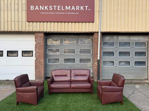 Bankstel SENIOREN bruin leer 2,5+1+1 zit bank en fauteuils, Huis en Inrichting, Banken | Bankstellen, Zo goed als nieuw, Hout