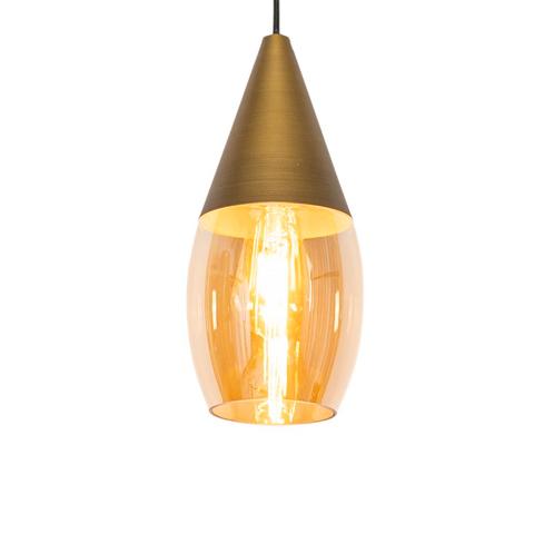 Moderne hanglamp goud met amber glas - Drop, Huis en Inrichting, Lampen | Hanglampen, Nieuw, Glas, 75 cm of meer