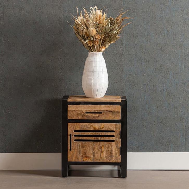 Nachtkastje Mangohout Tristan Met Lade En Deurtje 66 cm, Huis en Inrichting, Slaapkamer | Nachtkastjes, Nieuw, Verzenden