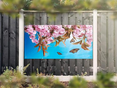 NR 1211: Tuinposter roze bloemen en vlinders 90x180cm, Tuin en Terras, Tuinwanddecoratie, Nieuw