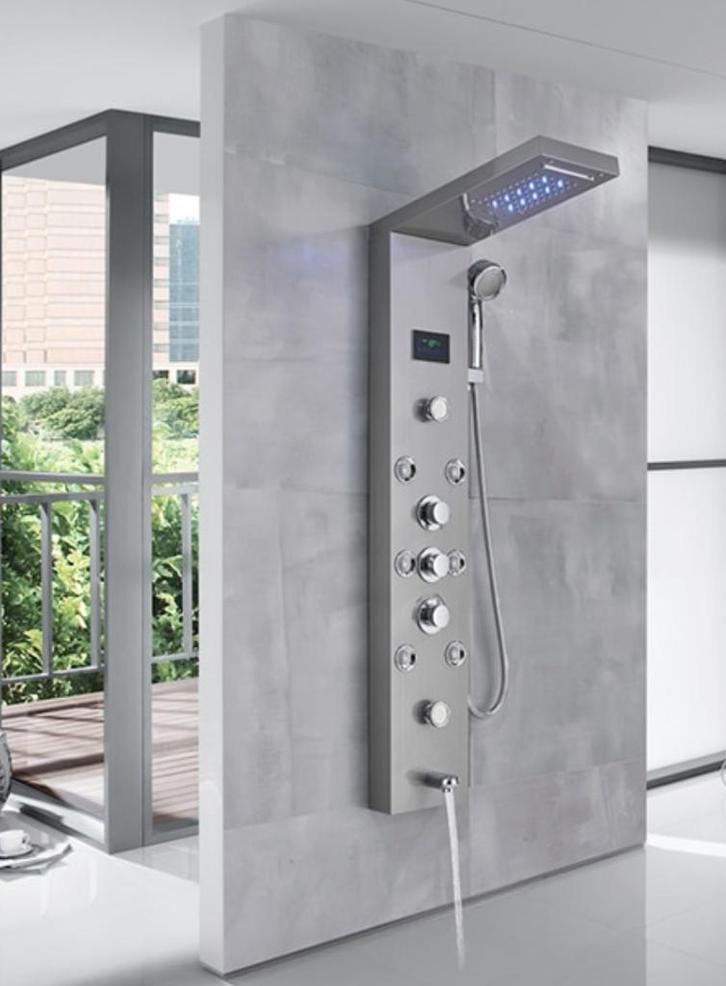 Douchepaneel Regendouche SaniSupreme® Sardinia LCD Premium, Doe-het-zelf en Verbouw, Sanitair, Nieuw, Chroom, Koper, Rvs, Douche